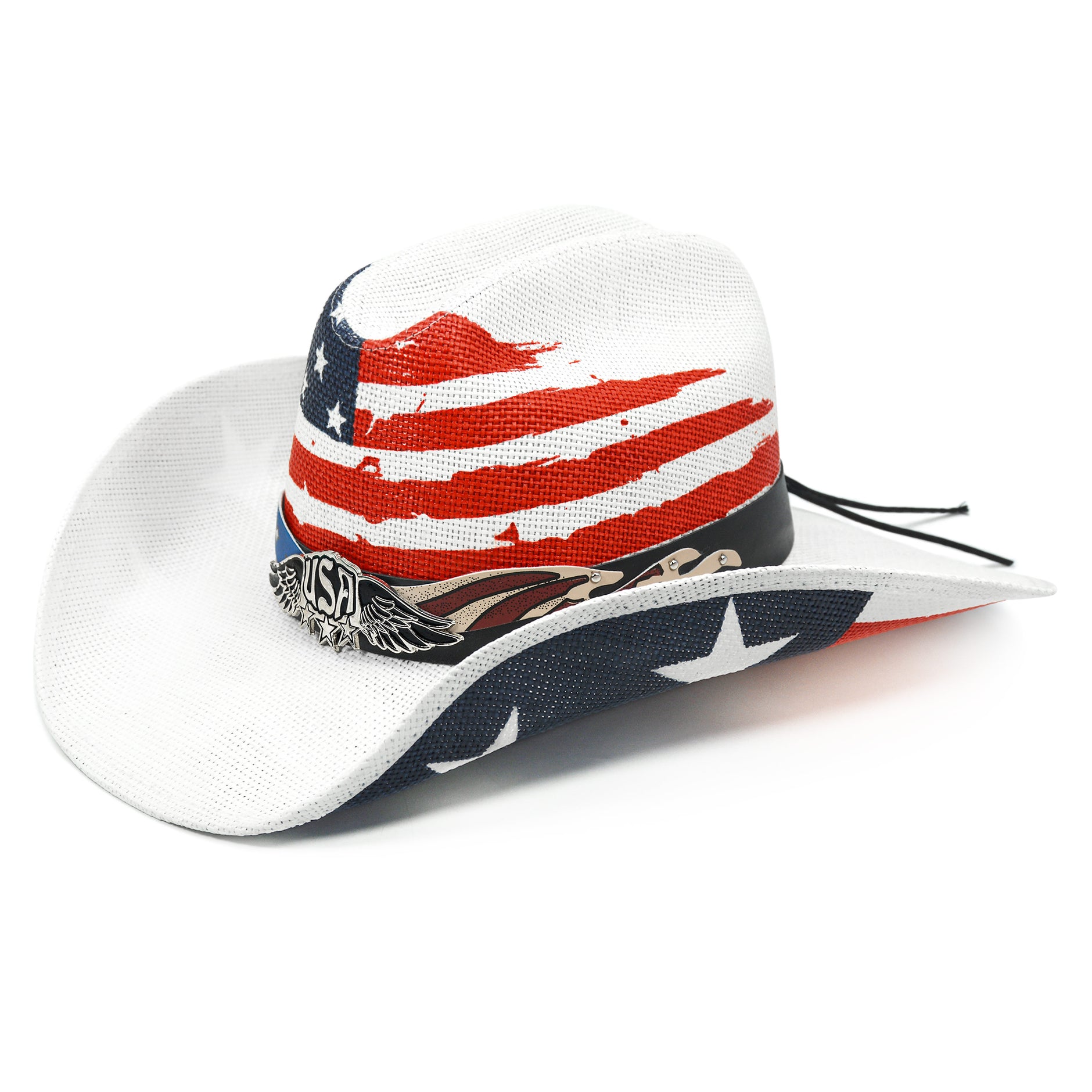 3229 American Flag Patriotic Western Straw Cowboy Hat For Men And Women Vintage Tea-Stained USA American Flag Cowboy Hat w/ Western  main image 2