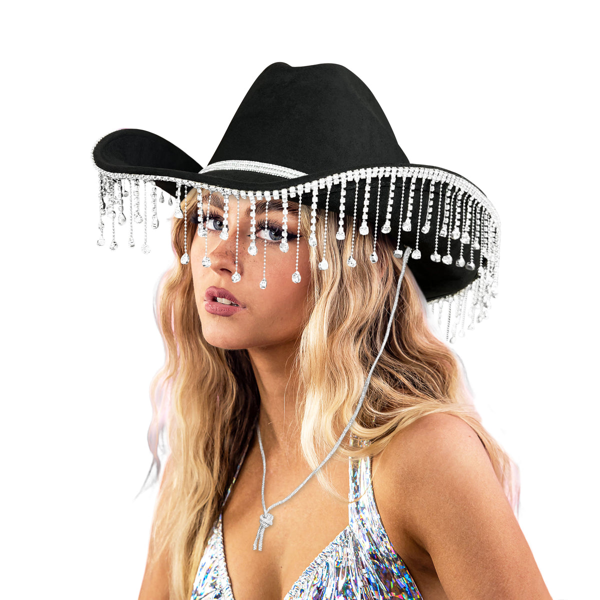 Keilin Rhinestone Fringe Cowboy Cowgirl Hat Disco Space Cowgirl Outfit for Teens and Adults, Black