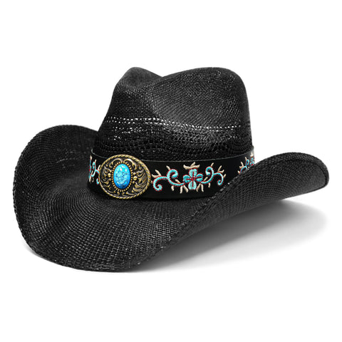 Keilin Cowboy Hats for Women and Men - Straw Teardrop Western Cowgirl Cowboy Sun Hat for Teens and Adults Black