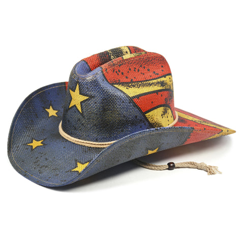 Keilin Straw Cowboy Hat for Women and Men - American Flag Patriotic USA Western Hat 4th July Cowgirl Country Rodeo (Tea Stained Patriotic Stars)