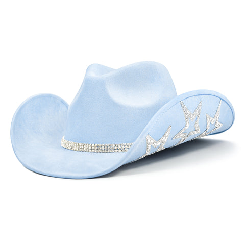 Keilin Star Studded Rhinestone Cowgirl Hat Disco Cowboy Hat Felt Western Nashville Bachelorette Party Hat for Teens and Adults, Blue
