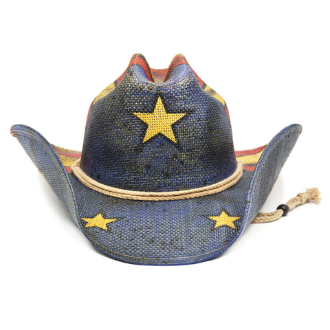 Keilin Straw Cowboy Hat for Women and Men - American Flag Patriotic USA Western Hat 4th July Cowgirl Country Rodeo (Tea Stained Patriotic Stars)