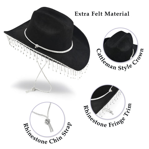 Keilin Rhinestone Fringe Cowboy Cowgirl Hat Disco Space Cowgirl Outfit for Teens and Adults, Black