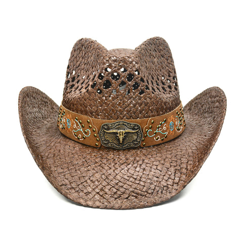 Keilin Cowboy Hats for Women and Men - Straw Teardrop Western Cowgirl Cowboy Sun Hat for Teens and Adults Brown