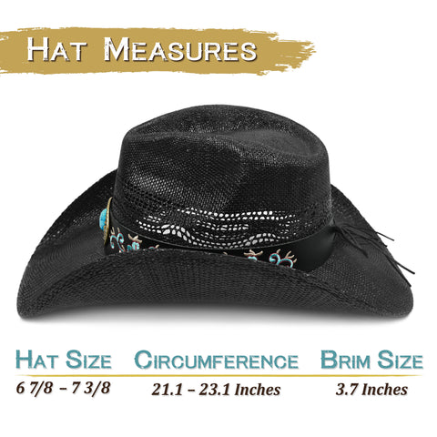 Keilin Cowboy Hats for Women and Men - Straw Teardrop Western Cowgirl Cowboy Sun Hat for Teens and Adults Black