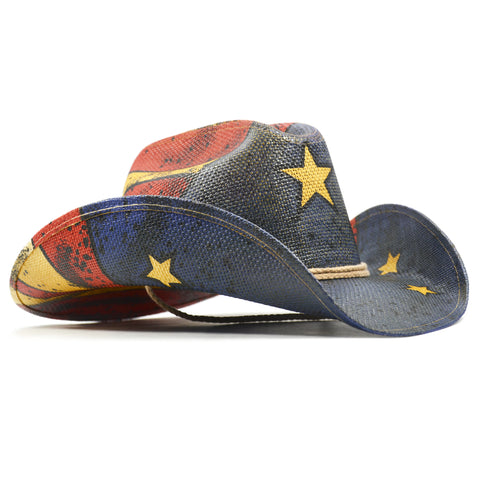 Keilin Straw Cowboy Hat for Women and Men - American Flag Patriotic USA Western Hat 4th July Cowgirl Country Rodeo (Tea Stained Patriotic Stars)