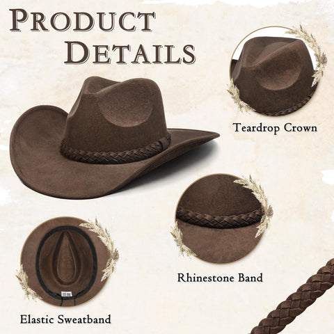 Keilin Cowboy Hats for Women and Men - Felt Teardrop Western Cowgirl Cowboy Hat for Teens and Adults Brown