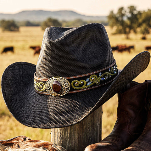 Cowboy Hat Bands for Men and Women, Western Leather Hat Band for Cowboy Hats Tie Closure Cowgirl Accessories Black
