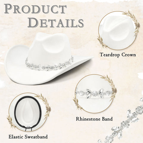 Keilin Cowboy Hats for Women and Men - Felt Teardrop Western Cowgirl Cowboy Hat for Teens and Adults White