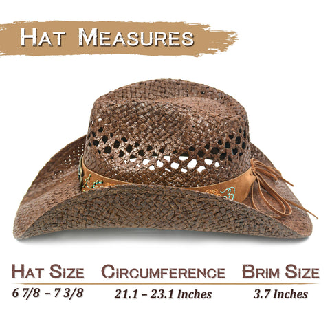 Keilin Cowboy Hats for Women and Men - Straw Teardrop Western Cowgirl Cowboy Sun Hat for Teens and Adults Brown