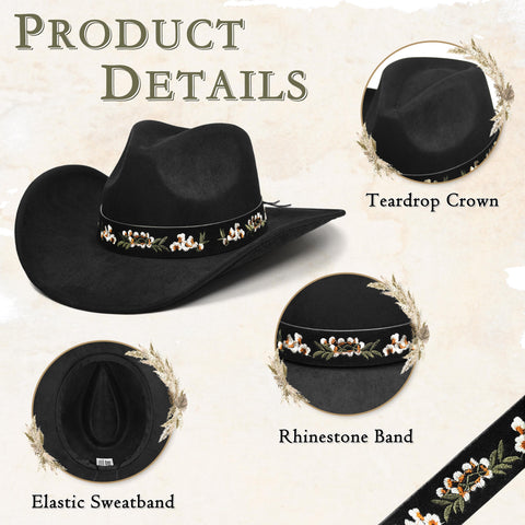 Keilin Cowboy Hats for Women and Men - Felt Teardrop Western Cowgirl Cowboy Hat for Teens and Adults Black