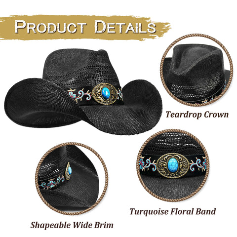 Keilin Cowboy Hats for Women and Men - Straw Teardrop Western Cowgirl Cowboy Sun Hat for Teens and Adults Black