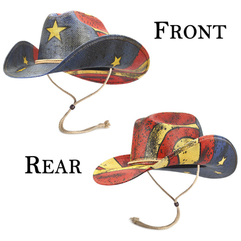 Keilin Straw Cowboy Hat for Women and Men - American Flag Patriotic USA Western Hat 4th July Cowgirl Country Rodeo (Tea Stained Patriotic Stars)