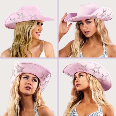 Keilin Star Studded Rhinestone Cowgirl Hat Disco Cowboy Hat Felt Western Nashville Bachelorette Party Hat for Teens and Adults, Pink