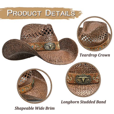 Keilin Cowboy Hats for Women and Men - Straw Teardrop Western Cowgirl Cowboy Sun Hat for Teens and Adults Brown