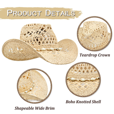 Keilin Cowboy Hats for Women and Men - Straw Teardrop Western Cowgirl Cowboy Sun Hat for Teens and Adults Beige