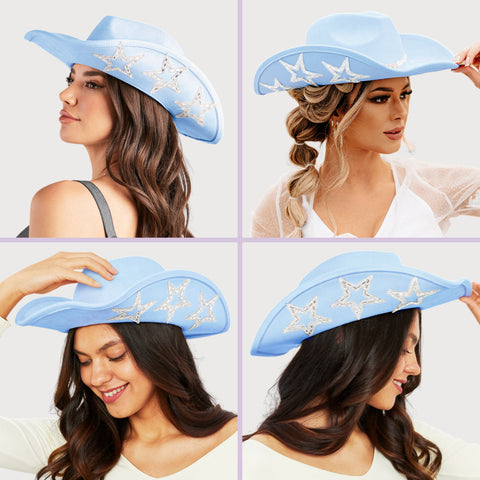 Keilin Star Studded Rhinestone Cowgirl Hat Disco Cowboy Hat Felt Western Nashville Bachelorette Party Hat for Teens and Adults, Blue