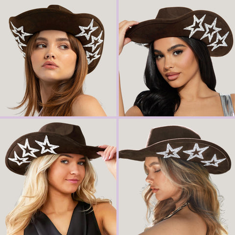 Keilin Star Studded Rhinestone Cowgirl Hat Disco Cowboy Hat Felt Western Nashville Bachelorette Party Hat for Teens and Adults, Brown