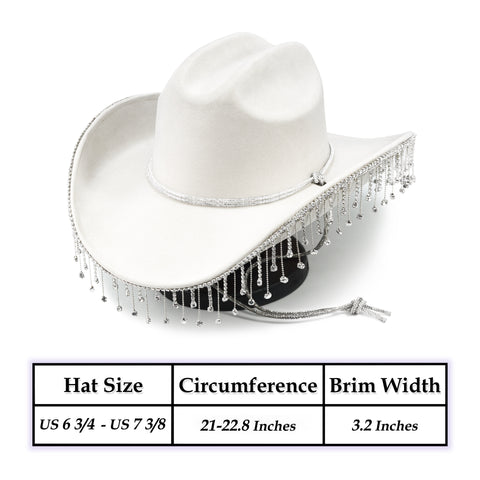 Keilin Rhinestone Fringe Cowboy Cowgirl Hat Disco Space Cowgirl Outfit for Teens and Adults, White