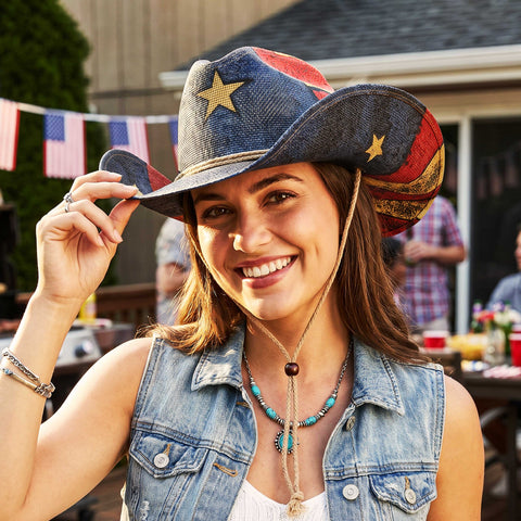 Keilin Straw Cowboy Hat for Women and Men - American Flag Patriotic USA Western Hat 4th July Cowgirl Country Rodeo (Tea Stained Patriotic Stars)