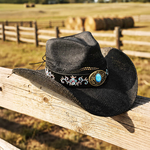 Keilin Cowboy Hats for Women and Men - Straw Teardrop Western Cowgirl Cowboy Sun Hat for Teens and Adults Black