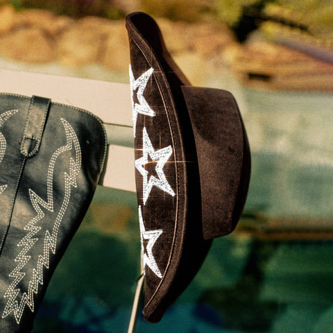Keilin Star Studded Rhinestone Cowgirl Hat Disco Cowboy Hat Felt Western Nashville Bachelorette Party Hat for Teens and Adults, Brown