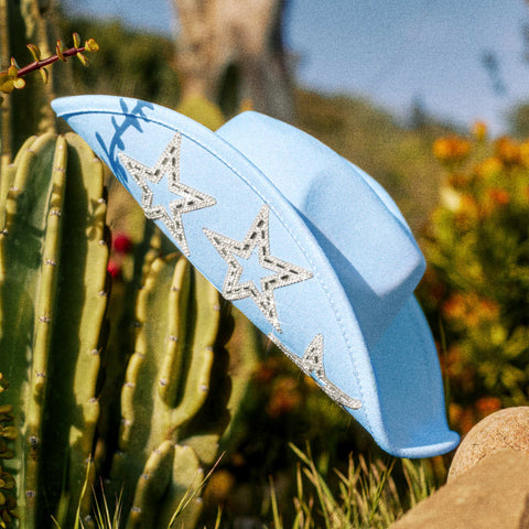 Keilin Star Studded Rhinestone Cowgirl Hat Disco Cowboy Hat Felt Western Nashville Bachelorette Party Hat for Teens and Adults, Blue