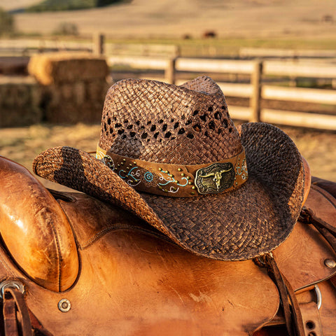 Keilin Cowboy Hats for Women and Men - Straw Teardrop Western Cowgirl Cowboy Sun Hat for Teens and Adults Brown