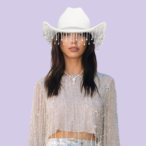 Keilin Rhinestone Fringe Cowboy Cowgirl Hat Disco Space Cowgirl Outfit for Teens and Adults, White