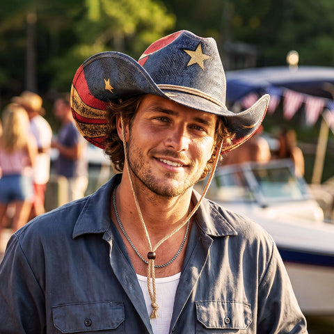Keilin Straw Cowboy Hat for Women and Men - American Flag Patriotic USA Western Hat 4th July Cowgirl Country Rodeo (Tea Stained Patriotic Stars)
