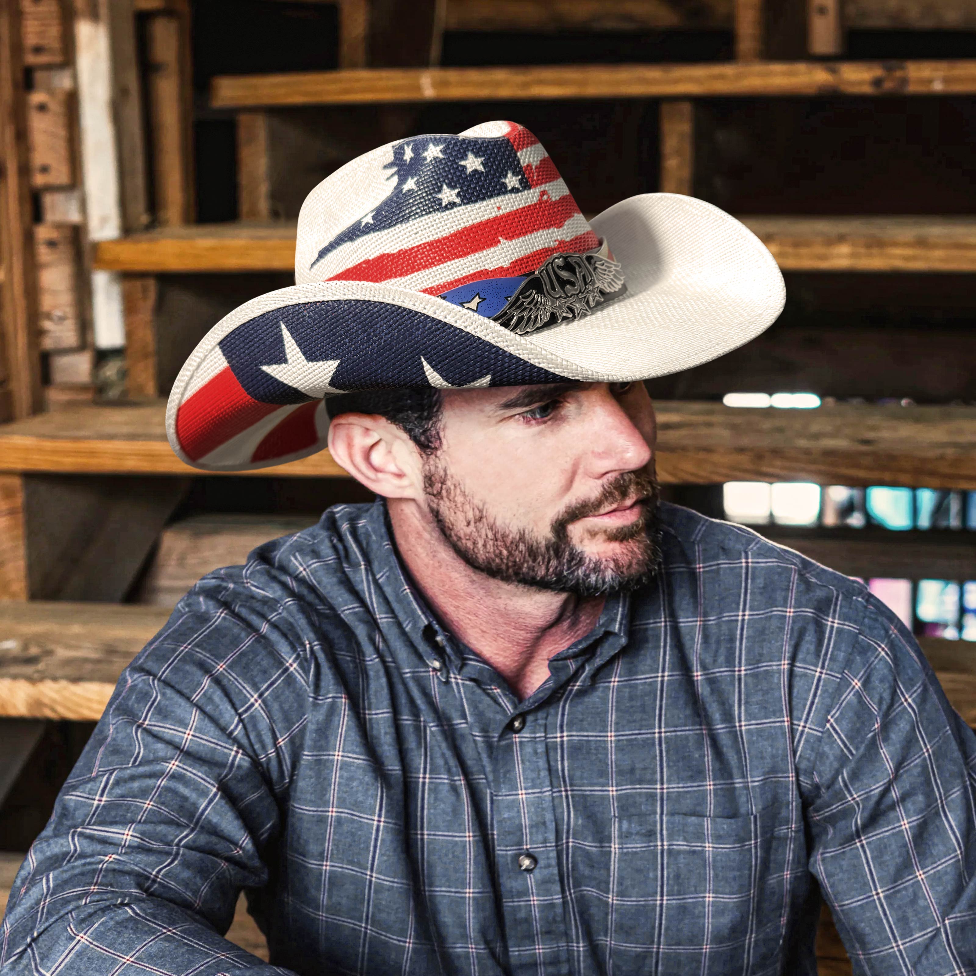 Keilin Straw Cowboy Hat for Women and Men American Flag Patriotic US