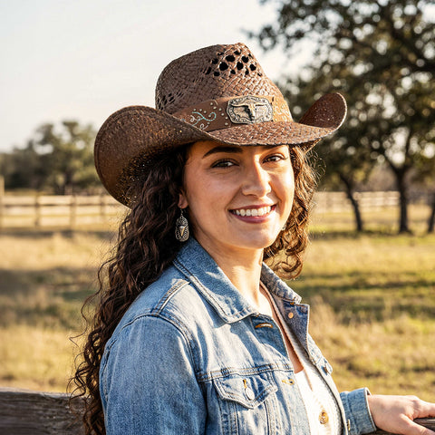 Keilin Cowboy Hats for Women and Men - Straw Teardrop Western Cowgirl Cowboy Sun Hat for Teens and Adults Brown