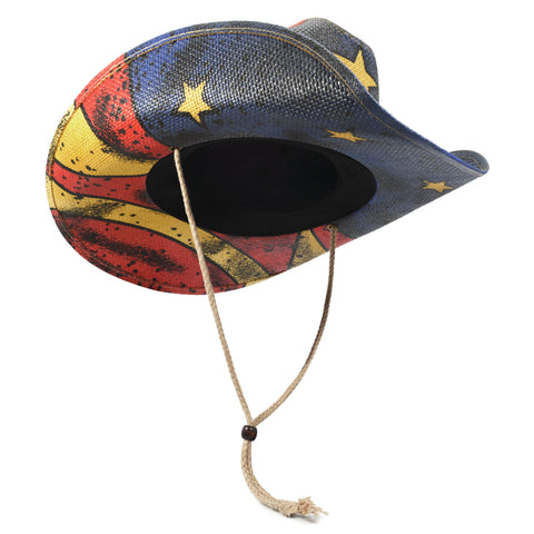 Keilin Straw Cowboy Hat for Women and Men - American Flag Patriotic USA Western Hat 4th July Cowgirl Country Rodeo (Tea Stained Patriotic Stars)