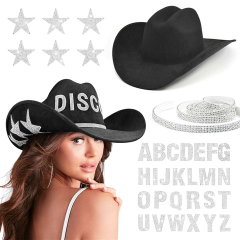 Keilin DIY Rhinestone Cowboy Hats for Women Western Felt Cowgirl Hat Disco Nashville Bachelorette Party Cowgirl Outfits, Black